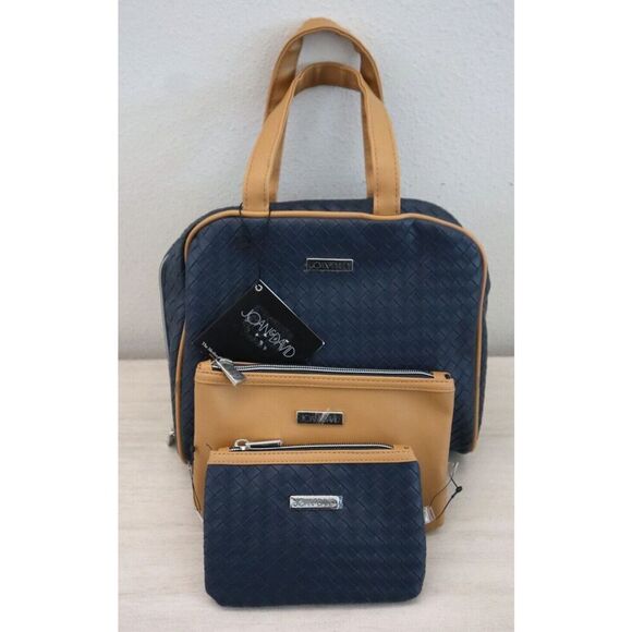 Joan & David JDC2286 Navy Blue The Medium Woven 3-Piece Toiletry Makeup Case - Picture 1 of 13